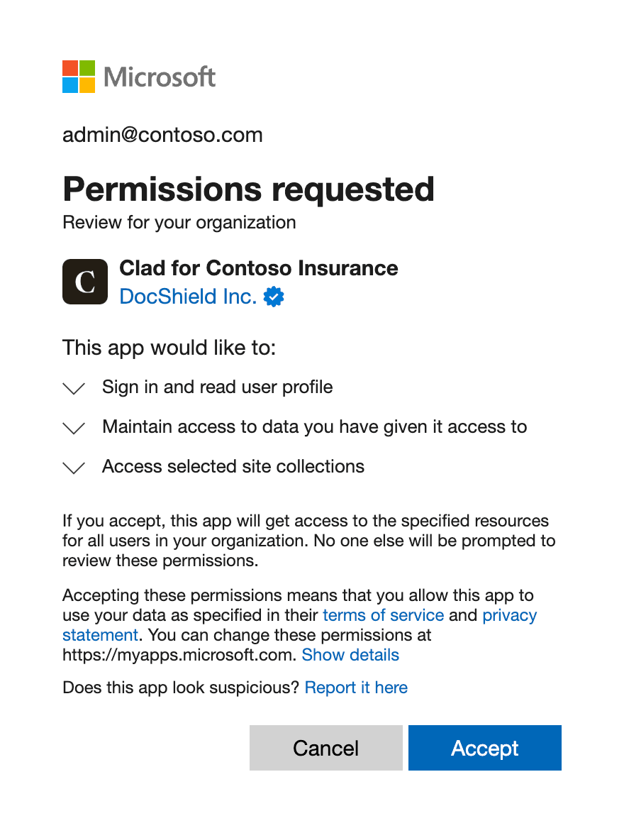 Microsoft's Permissions requested screen, listing three permissions