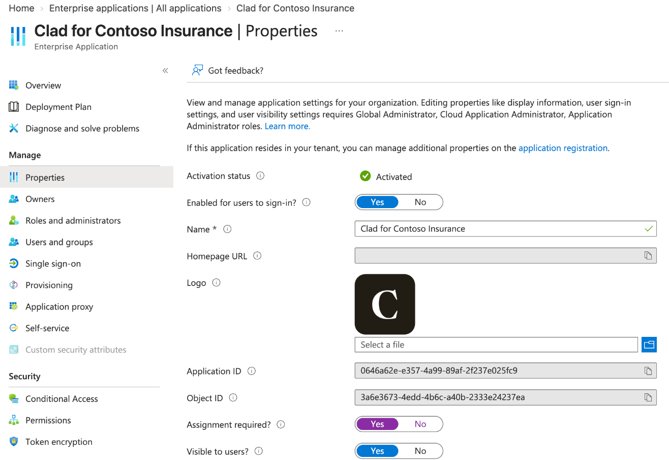 Clad enterprise application properties with Assignment required set to Yes